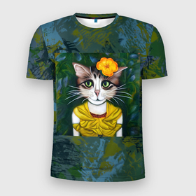 Мужская футболка 3D Slim с принтом Грустная кошка Фриды Кало из нейросети в Санкт-Петербурге, 100% полиэстер с улучшенными характеристиками | приталенный силуэт, круглая горловина, широкие плечи, сужается к линии бедра | 