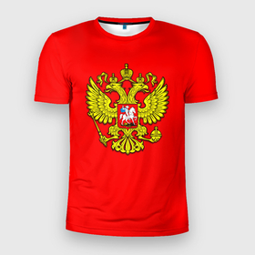 Мужская футболка 3D Slim с принтом Герб Российской Империи на красном фоне , 100% полиэстер с улучшенными характеристиками | приталенный силуэт, круглая горловина, широкие плечи, сужается к линии бедра | 