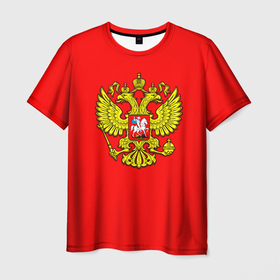 Мужская футболка 3D с принтом Герб Российской Империи на красном фоне в Белгороде, 100% полиэфир | прямой крой, круглый вырез горловины, длина до линии бедер | 