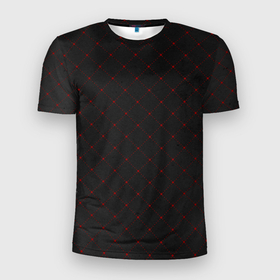 Мужская футболка 3D Slim с принтом Красные плитки на черном фоне в Белгороде, 100% полиэстер с улучшенными характеристиками | приталенный силуэт, круглая горловина, широкие плечи, сужается к линии бедра | Тематика изображения на принте: 