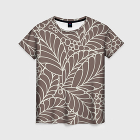 Женская футболка 3D с принтом Кофеиновый паттерн из листьев в Курске, 100% полиэфир ( синтетическое хлопкоподобное полотно) | прямой крой, круглый вырез горловины, длина до линии бедер | Тематика изображения на принте: 