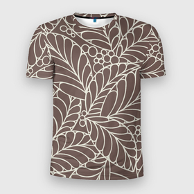 Мужская футболка 3D Slim с принтом Кофеиновый паттерн из листьев в Курске, 100% полиэстер с улучшенными характеристиками | приталенный силуэт, круглая горловина, широкие плечи, сужается к линии бедра | Тематика изображения на принте: 