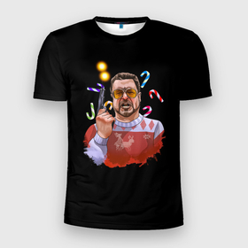 Мужская футболка 3D Slim с принтом Новый год мем из фильма большой Лебовски в Екатеринбурге, 100% полиэстер с улучшенными характеристиками | приталенный силуэт, круглая горловина, широкие плечи, сужается к линии бедра | Тематика изображения на принте: 