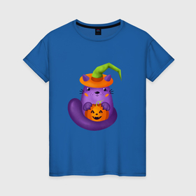Женская футболка хлопок с принтом Смешной кот в ведьмовской шляпе с тыквой Джек, Хэллоуин в Кировске, 100% хлопок | прямой крой, круглый вырез горловины, длина до линии бедер, слегка спущенное плечо | 