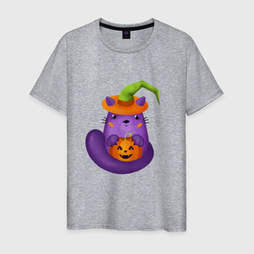 Мужская футболка хлопок с принтом Смешной кот в ведьмовской шляпе с тыквой Джек, Хэллоуин в Екатеринбурге, 100% хлопок | прямой крой, круглый вырез горловины, длина до линии бедер, слегка спущенное плечо. | 