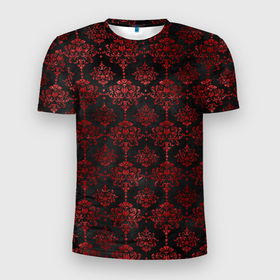 Мужская футболка 3D Slim с принтом Красные классические узоры на черном фоне в Екатеринбурге, 100% полиэстер с улучшенными характеристиками | приталенный силуэт, круглая горловина, широкие плечи, сужается к линии бедра | 