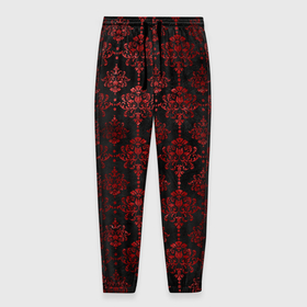 Мужские брюки 3D с принтом Красные классические узоры на черном фоне в Екатеринбурге, 100% полиэстер | манжеты по низу, эластичный пояс регулируется шнурком, по бокам два кармана без застежек, внутренняя часть кармана из мелкой сетки | 