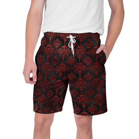 Мужские шорты 3D с принтом Красные классические узоры на черном фоне в Екатеринбурге,  полиэстер 100% | прямой крой, два кармана без застежек по бокам. Мягкая трикотажная резинка на поясе, внутри которой широкие завязки. Длина чуть выше колен | 