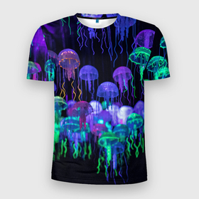 Мужская футболка 3D Slim с принтом Мы веселые неоновые медузы в Петрозаводске, 100% полиэстер с улучшенными характеристиками | приталенный силуэт, круглая горловина, широкие плечи, сужается к линии бедра | Тематика изображения на принте: 