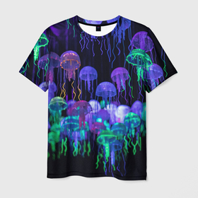 Мужская футболка 3D с принтом Мы веселые неоновые медузы в Петрозаводске, 100% полиэфир | прямой крой, круглый вырез горловины, длина до линии бедер | Тематика изображения на принте: 