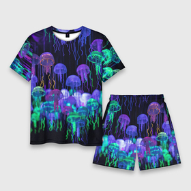 Мужской костюм с шортами 3D с принтом Мы веселые неоновые медузы ,  |  | Тематика изображения на принте: 