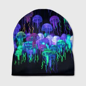 Шапка 3D с принтом Мы веселые неоновые медузы , 100% полиэстер | универсальный размер, печать по всей поверхности изделия | Тематика изображения на принте: 