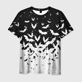 Мужская футболка 3D с принтом Black and white bat pattern в Кировске, 100% полиэфир | прямой крой, круглый вырез горловины, длина до линии бедер | 