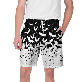Мужские шорты 3D с принтом Black and white bat pattern в Новосибирске,  полиэстер 100% | прямой крой, два кармана без застежек по бокам. Мягкая трикотажная резинка на поясе, внутри которой широкие завязки. Длина чуть выше колен | 