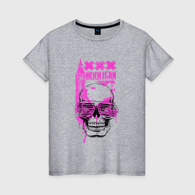 Женская футболка хлопок с принтом Череп с розовых очках   Hooligan в Белгороде, 100% хлопок | прямой крой, круглый вырез горловины, длина до линии бедер, слегка спущенное плечо | 