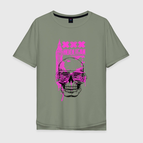Мужская футболка хлопок Oversize с принтом Череп с розовых очках   Hooligan в Екатеринбурге, 100% хлопок | свободный крой, круглый ворот, “спинка” длиннее передней части | 