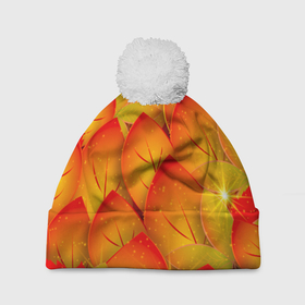 Шапка 3D c помпоном с принтом Осенние желтые листья в Курске, 100% полиэстер | универсальный размер, печать по всей поверхности изделия | 