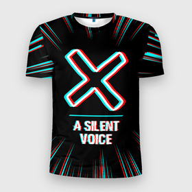 Мужская футболка 3D Slim с принтом Символ A Silent Voice в стиле glitch на темном фоне , 100% полиэстер с улучшенными характеристиками | приталенный силуэт, круглая горловина, широкие плечи, сужается к линии бедра | Тематика изображения на принте: 
