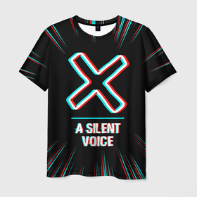 Мужская футболка 3D с принтом Символ A Silent Voice в стиле glitch на темном фоне , 100% полиэфир | прямой крой, круглый вырез горловины, длина до линии бедер | Тематика изображения на принте: 