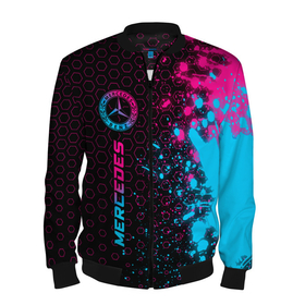 Мужской бомбер 3D с принтом Mercedes   neon gradient: по вертикали в городе Новоалтайск, 100% полиэстер | застегивается на молнию, по бокам два кармана без застежек, по низу бомбера и на воротнике - эластичная резинка | 