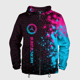 Мужская ветровка 3D с принтом Mercedes   neon gradient: по вертикали в городе Новоалтайск, 100% полиэстер | подол и капюшон оформлены резинкой с фиксаторами, два кармана без застежек по бокам, один потайной карман на груди | 