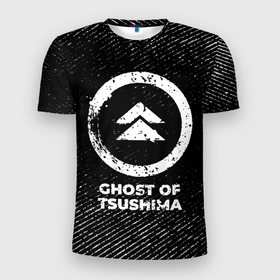 Мужская футболка 3D Slim с принтом Ghost of Tsushima с потертостями на темном фоне в Санкт-Петербурге, 100% полиэстер с улучшенными характеристиками | приталенный силуэт, круглая горловина, широкие плечи, сужается к линии бедра | 