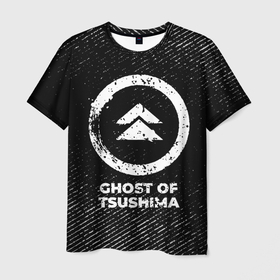 Мужская футболка 3D с принтом Ghost of Tsushima с потертостями на темном фоне в Тюмени, 100% полиэфир | прямой крой, круглый вырез горловины, длина до линии бедер | 