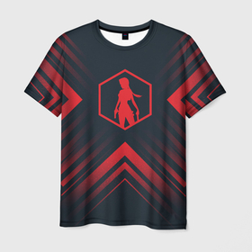 Мужская футболка 3D с принтом Красный символ Tomb Raider на темном фоне со стрелками в Кировске, 100% полиэфир | прямой крой, круглый вырез горловины, длина до линии бедер | 