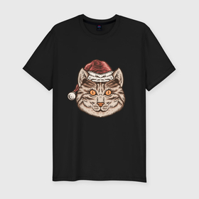 Мужская футболка хлопок Slim с принтом Новогодний кот 2023 в Курске, 92% хлопок, 8% лайкра | приталенный силуэт, круглый вырез ворота, длина до линии бедра, короткий рукав | 