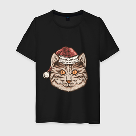 Мужская футболка хлопок с принтом Новогодний кот 2023 в Курске, 100% хлопок | прямой крой, круглый вырез горловины, длина до линии бедер, слегка спущенное плечо. | 