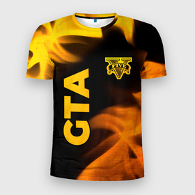 Мужская футболка 3D Slim с принтом GTA   gold gradient: надпись, символ в Кировске, 100% полиэстер с улучшенными характеристиками | приталенный силуэт, круглая горловина, широкие плечи, сужается к линии бедра | 