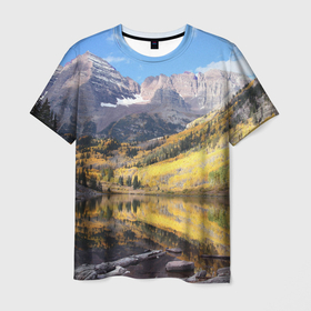 Мужская футболка 3D с принтом Красивая река между гор в Белгороде, 100% полиэфир | прямой крой, круглый вырез горловины, длина до линии бедер | 