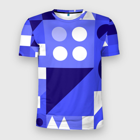 Мужская футболка 3D Slim с принтом Геометрические синие, фиолетовые и белые фигуры в Санкт-Петербурге, 100% полиэстер с улучшенными характеристиками | приталенный силуэт, круглая горловина, широкие плечи, сужается к линии бедра | 