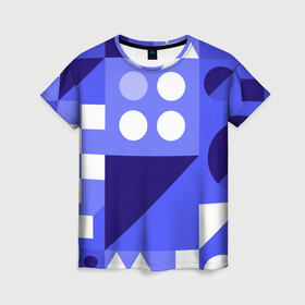 Женская футболка 3D с принтом Геометрические синие, фиолетовые и белые фигуры в Санкт-Петербурге, 100% полиэфир ( синтетическое хлопкоподобное полотно) | прямой крой, круглый вырез горловины, длина до линии бедер | 