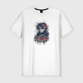 Мужская футболка хлопок Slim с принтом Девушка в образе санта муэрте с красными розами в Тюмени, 92% хлопок, 8% лайкра | приталенный силуэт, круглый вырез ворота, длина до линии бедра, короткий рукав | 