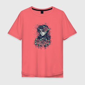 Мужская футболка хлопок Oversize с принтом Девушка в образе санта муэрте с красными розами в Тюмени, 100% хлопок | свободный крой, круглый ворот, “спинка” длиннее передней части | 