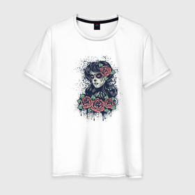 Мужская футболка хлопок с принтом Девушка в образе санта муэрте с красными розами в Кировске, 100% хлопок | прямой крой, круглый вырез горловины, длина до линии бедер, слегка спущенное плечо. | 