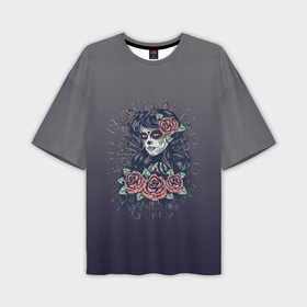Мужская футболка OVERSIZE 3D с принтом Девушка в образе санта муэрте с макияжем сахарный череп и красными розами в Тюмени,  |  | Тематика изображения на принте: 