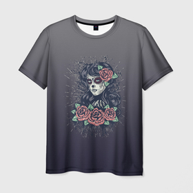 Мужская футболка 3D с принтом Девушка в образе санта муэрте с макияжем сахарный череп и красными розами в Екатеринбурге, 100% полиэфир | прямой крой, круглый вырез горловины, длина до линии бедер | 