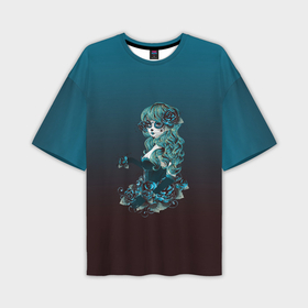 Мужская футболка OVERSIZE 3D с принтом Девушка в образе санта муэрте с макияжем сахарный череп и синими розами ,  |  | 
