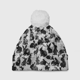 Шапка 3D c помпоном с принтом Черные новогодние кролики в Белгороде, 100% полиэстер | универсальный размер, печать по всей поверхности изделия | Тематика изображения на принте: 