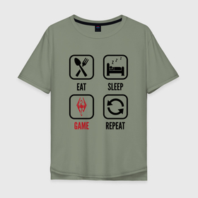 Мужская футболка хлопок Oversize с принтом Eat   sleep   Skyrim   repeat в Санкт-Петербурге, 100% хлопок | свободный крой, круглый ворот, “спинка” длиннее передней части | 