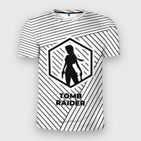 Мужская футболка 3D Slim с принтом Символ Tomb Raider на светлом фоне с полосами в Тюмени, 100% полиэстер с улучшенными характеристиками | приталенный силуэт, круглая горловина, широкие плечи, сужается к линии бедра | 