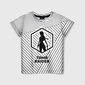 Детская футболка 3D с принтом Символ Tomb Raider на светлом фоне с полосами , 100% гипоаллергенный полиэфир | прямой крой, круглый вырез горловины, длина до линии бедер, чуть спущенное плечо, ткань немного тянется | 