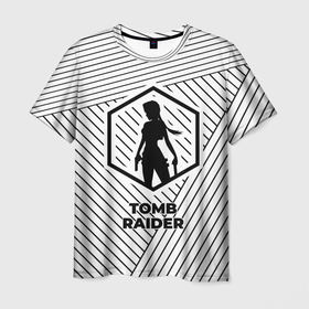 Мужская футболка 3D с принтом Символ Tomb Raider на светлом фоне с полосами в Тюмени, 100% полиэфир | прямой крой, круглый вырез горловины, длина до линии бедер | 