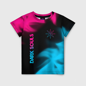 Детская футболка 3D с принтом Dark Souls   neon gradient: надпись, символ в Санкт-Петербурге, 100% гипоаллергенный полиэфир | прямой крой, круглый вырез горловины, длина до линии бедер, чуть спущенное плечо, ткань немного тянется | 