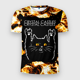 Мужская футболка 3D Slim с принтом Crystal Castles рок кот и огонь в Белгороде, 100% полиэстер с улучшенными характеристиками | приталенный силуэт, круглая горловина, широкие плечи, сужается к линии бедра | 