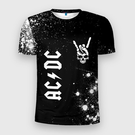 Мужская футболка 3D Slim с принтом AC DC и рок символ на темном фоне в Екатеринбурге, 100% полиэстер с улучшенными характеристиками | приталенный силуэт, круглая горловина, широкие плечи, сужается к линии бедра | Тематика изображения на принте: 