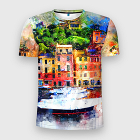 Мужская футболка 3D Slim с принтом Картина красочный город в Белгороде, 100% полиэстер с улучшенными характеристиками | приталенный силуэт, круглая горловина, широкие плечи, сужается к линии бедра | 