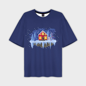 Мужская футболка OVERSIZE 3D с принтом Новый год домик и снеговик на островке в Санкт-Петербурге,  |  | Тематика изображения на принте: 